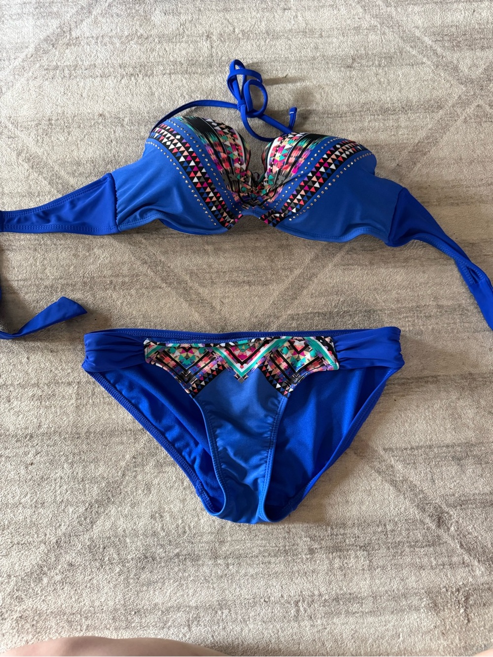 Bold Blue Push-Up Bikini Set with Multicolor Geo Accent